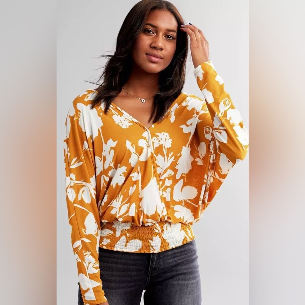 NWT DAYTRIP Mustard Floral Surplice Deep V-Neck Top~ XXL